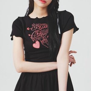 Black & Pink “Stupid Cupid” Embroidered Lettuce-Hem Crop Top | Lewkin